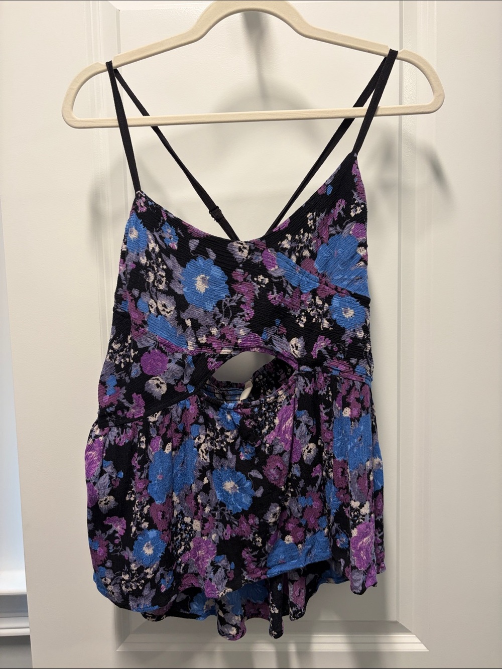 Free People Black Floral Cutout Camisole — Blue & Purple Flowers